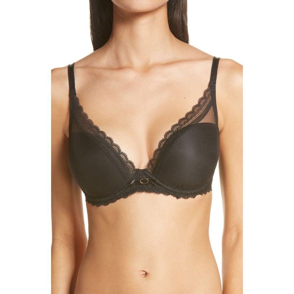 CHANTELLE Parisian Allure Underwire Plunge T-Shirt Bra Black 32DDDD #2232 NEW